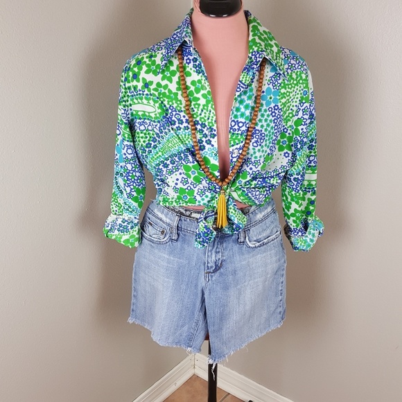 Vintage Tops - VINTAGE 70S BOLD TRIPPY PRINT OVERSIZED COLLAR TOP